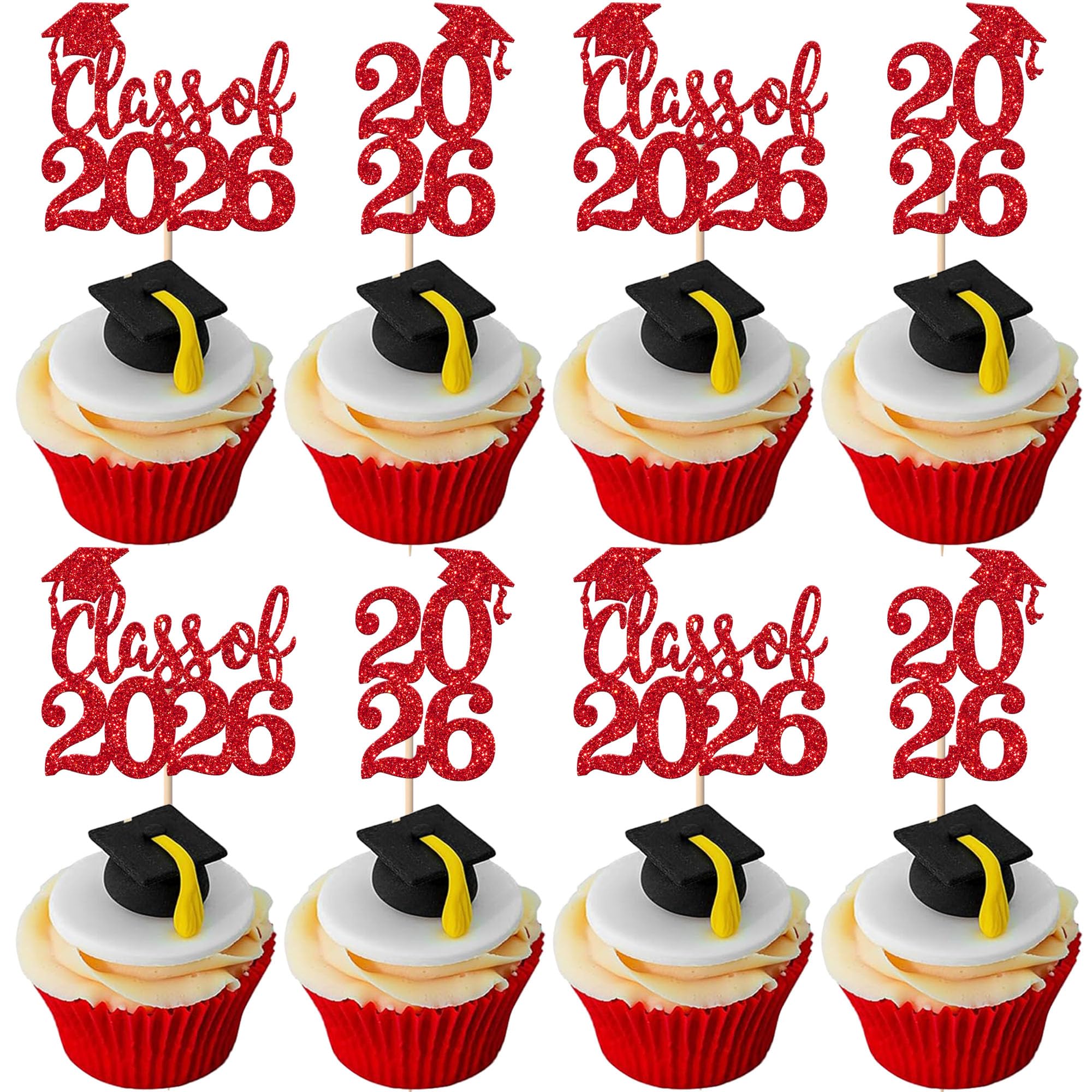 SYKYCTCY 24 Pack 2026 Graduation Cupcake Toppers Glitter Diploma Class of 2026 Cupcake Picks for Graduation Theme School Boys Girls Graduate Party Cake Decorations Supplies Red