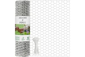 16inX20ft Chicken Wire Fencing Mesh, Heavy Duty Metal Chicken Wire Fence with 50 Ties for Crafts Poultry Gardening Hexagonal 