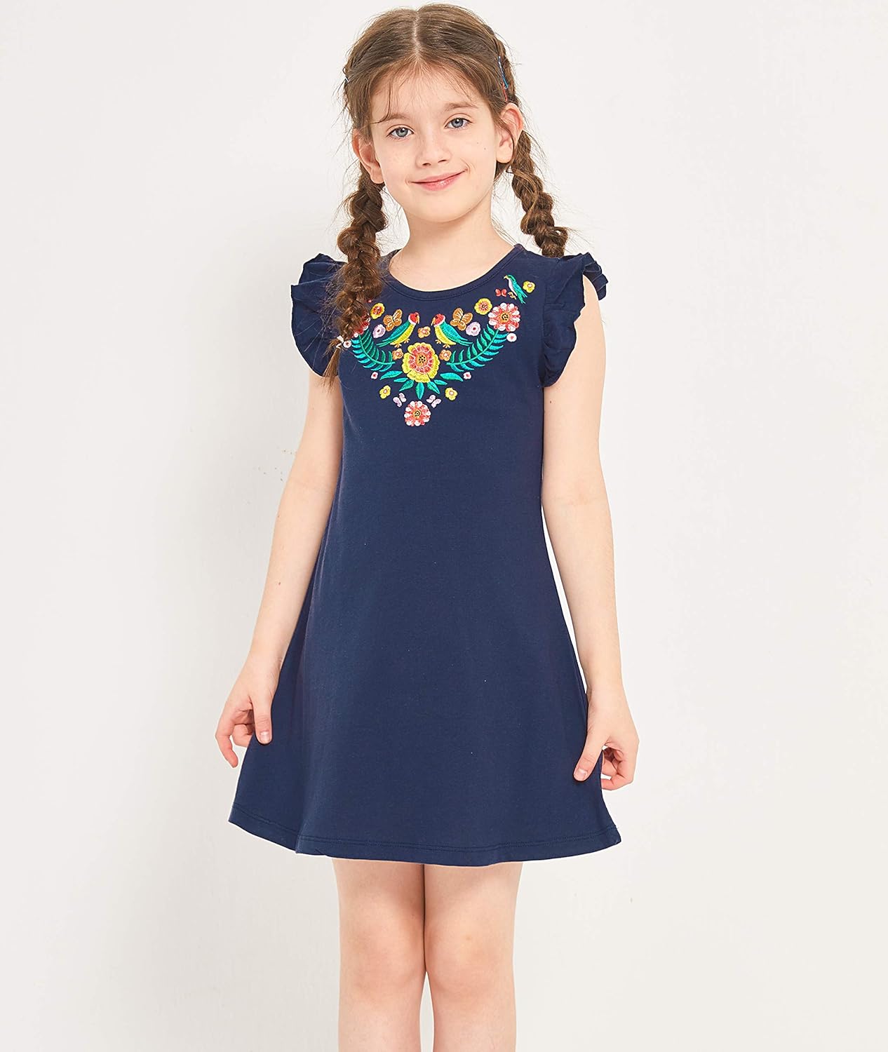 Fiream Toddler Girls Dresses Mexican Floral Casual Cotton Dress for Girls Kids: Clothing