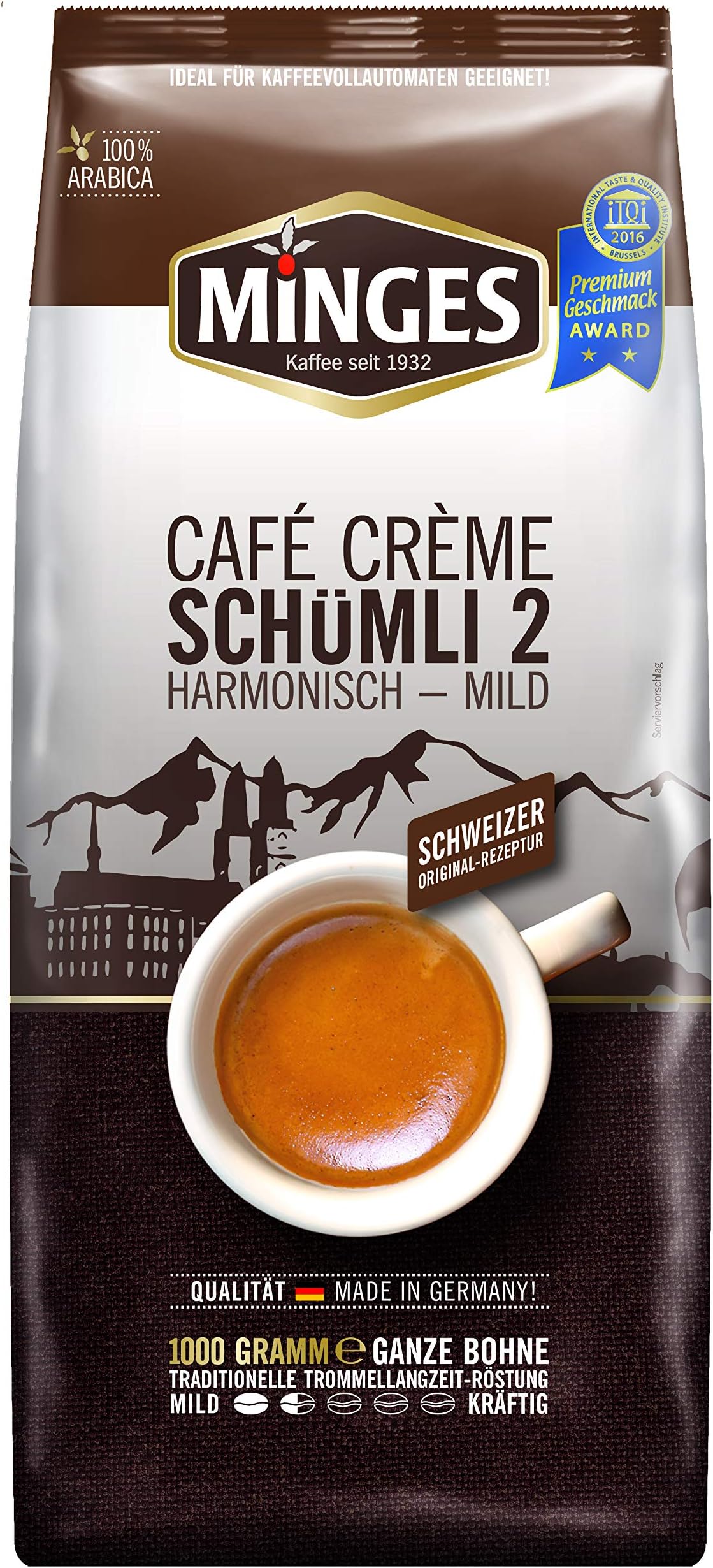 Minges Café Crème Schümli 2, Whole Beans, Aroma Soft Pack, 1 Pack (1kg)