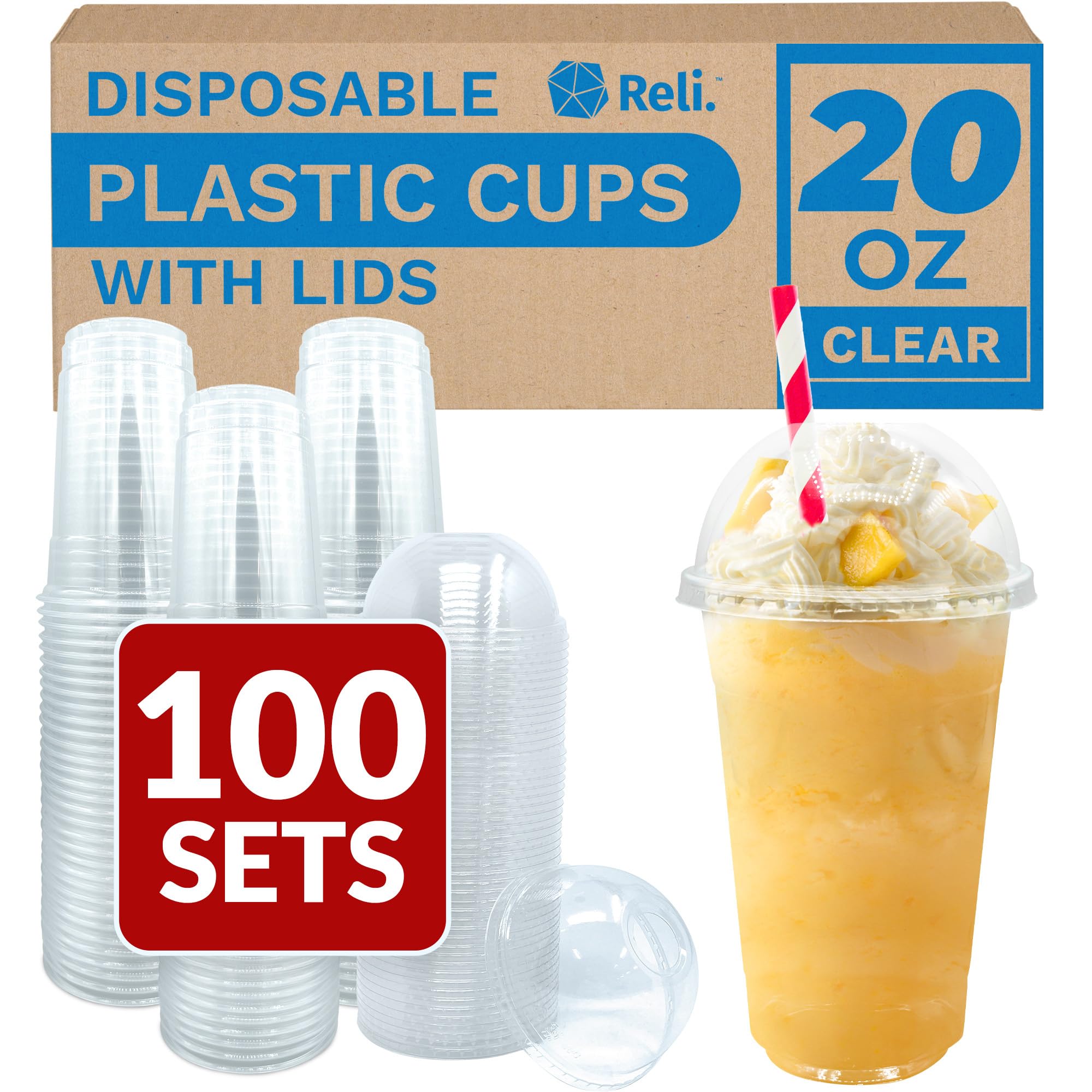 Photo 1 of Reli. Plastic Cups with Lids 20 oz (100 Sets) | Clear Plastic Cups with Dome Lids | 20 oz PET Clear Disposable Bulk | PET Containers for Party, Iced Coffee, Smoothies, To Go Drinks