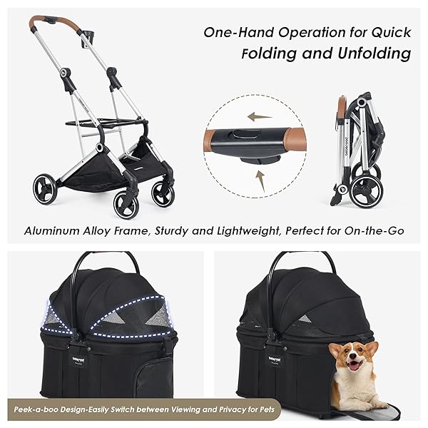 BEBEROAD PETS T3 PRO 3-IN-1 SMALL PET STROLLER FOR DOG & CATS, 4 WHEELS WITH DETACHABLE CARRIER WITH PAD, CANOPY AND CUP HOLDER (BLACK)