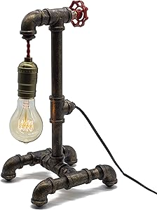 Loft Style Lamp with Dimmer, Dimmable Steampunk Industrial Vintage Antique Style Light, Iron Piping Aged Rustic Metal Desk Lamp, Y-Nut “Fisherman” (Black) QTF-TB01-BLK