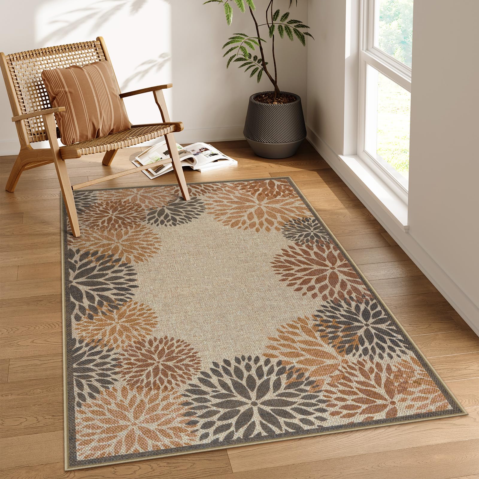 Photo 1 of LIVEBOX Modern 3x5 Jute Outdoor Patio Rug, Washable Rugs for Entryway Porch, Tropical Floral Boho Farmhouse Carpet, Non Slip Front Door Mat for Outdoor Indoor Entryway Guestroom Decor (Beige 3'x5')