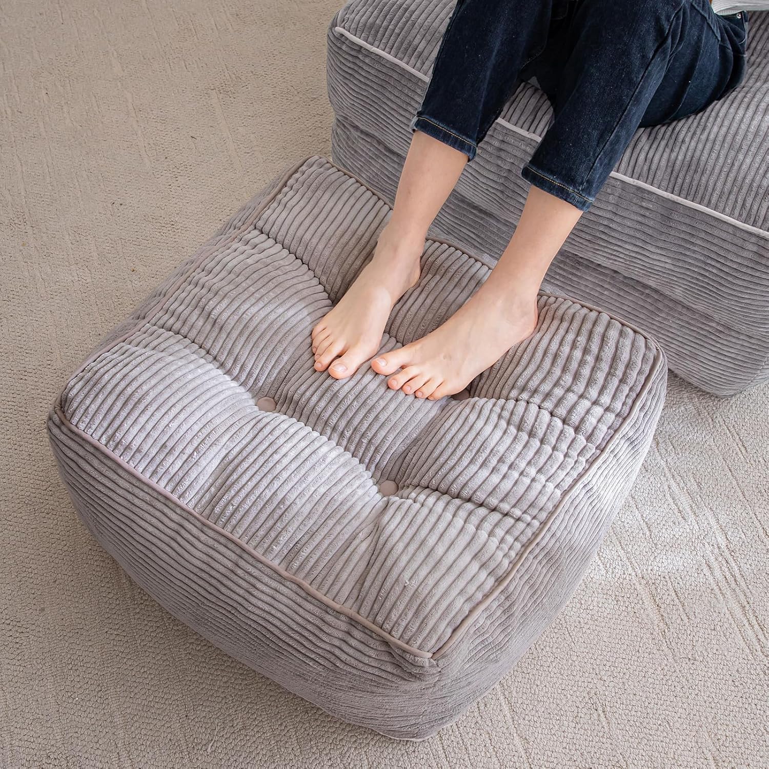 Photo 1 of HIGOGOGO Square Stuffed Pouf Ottoman, Corduroy Poufs with Foam Chunk Filling, Furry and Fluffy Pouf Foot Stool Storage Ottoman, 25.6 X 25.6 Floor Poufs Foot Rest for Living Room, Grey