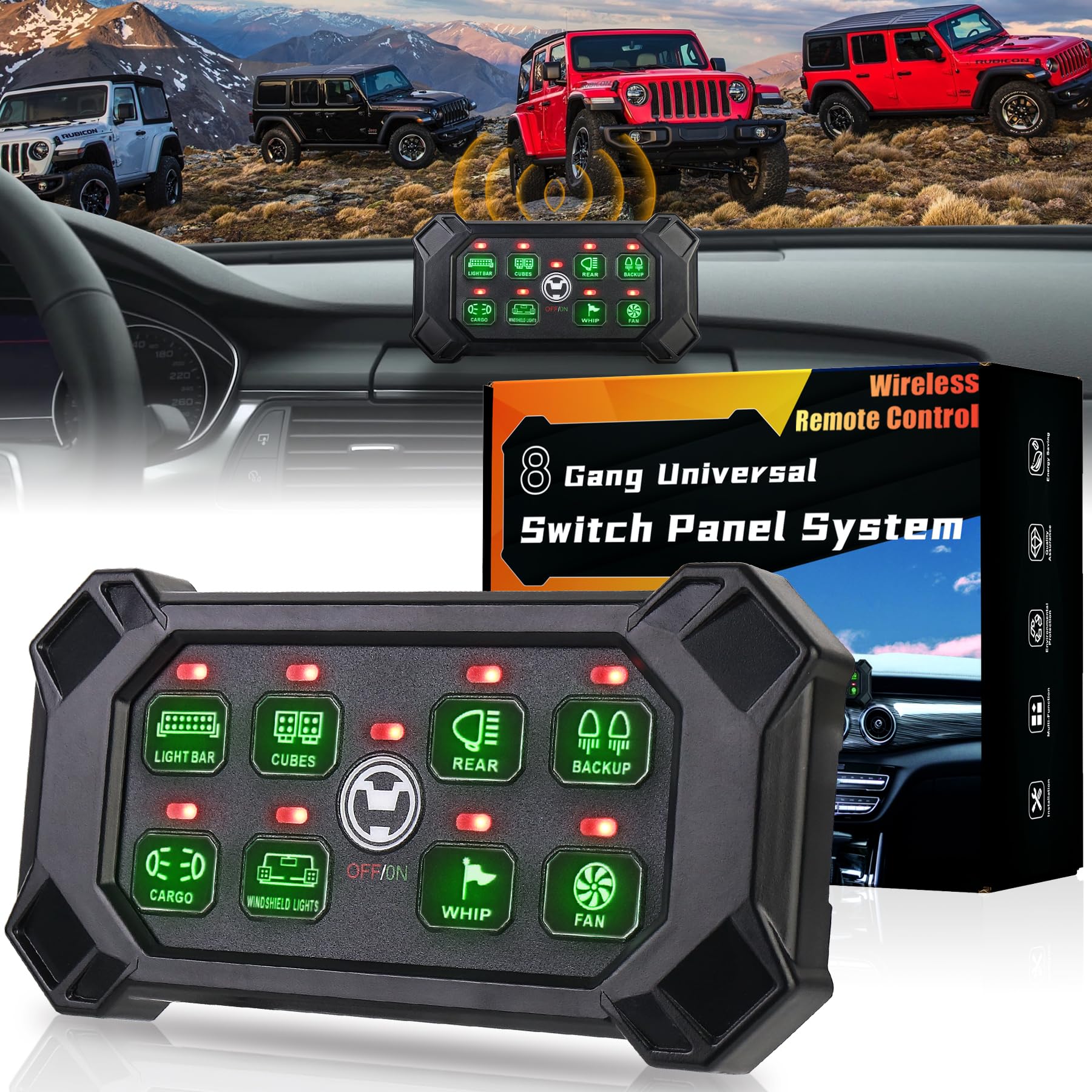 Photo 1 of POVTOR Wireless 8 Gang Switch Panel, Remote Control Switch Pod with Toggle Momentary Pulsed Waterproof Universal Circuit Control Relay System Box for Off Road Truck Jeep Boat SUV UTV ATV Camper