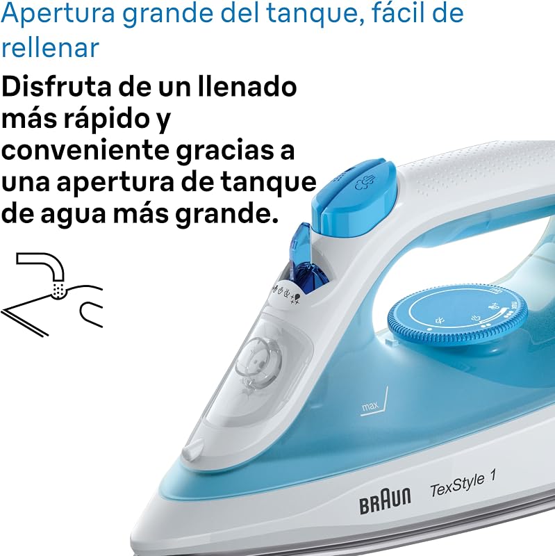 Ferro a vapor TexStyle 1 SI1029BL com sola antiaderente, Steam Shot 120g/min, Sistema Descalcificador, Pulverizador, Aquecimento Rápido (35s), Modo Eco, 220ml, 1900W, Azul Claro