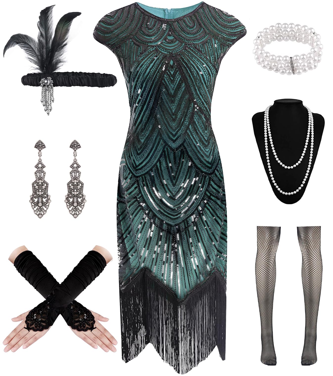Photo 1 of *** ACCESSORIES ONLY *** WILDPARTY 1920s Women Flapper Dresses Sequin Dresses Vintage Lace Fringed Cocktail Dress with 20s Accessories Set(Black-Green XL)