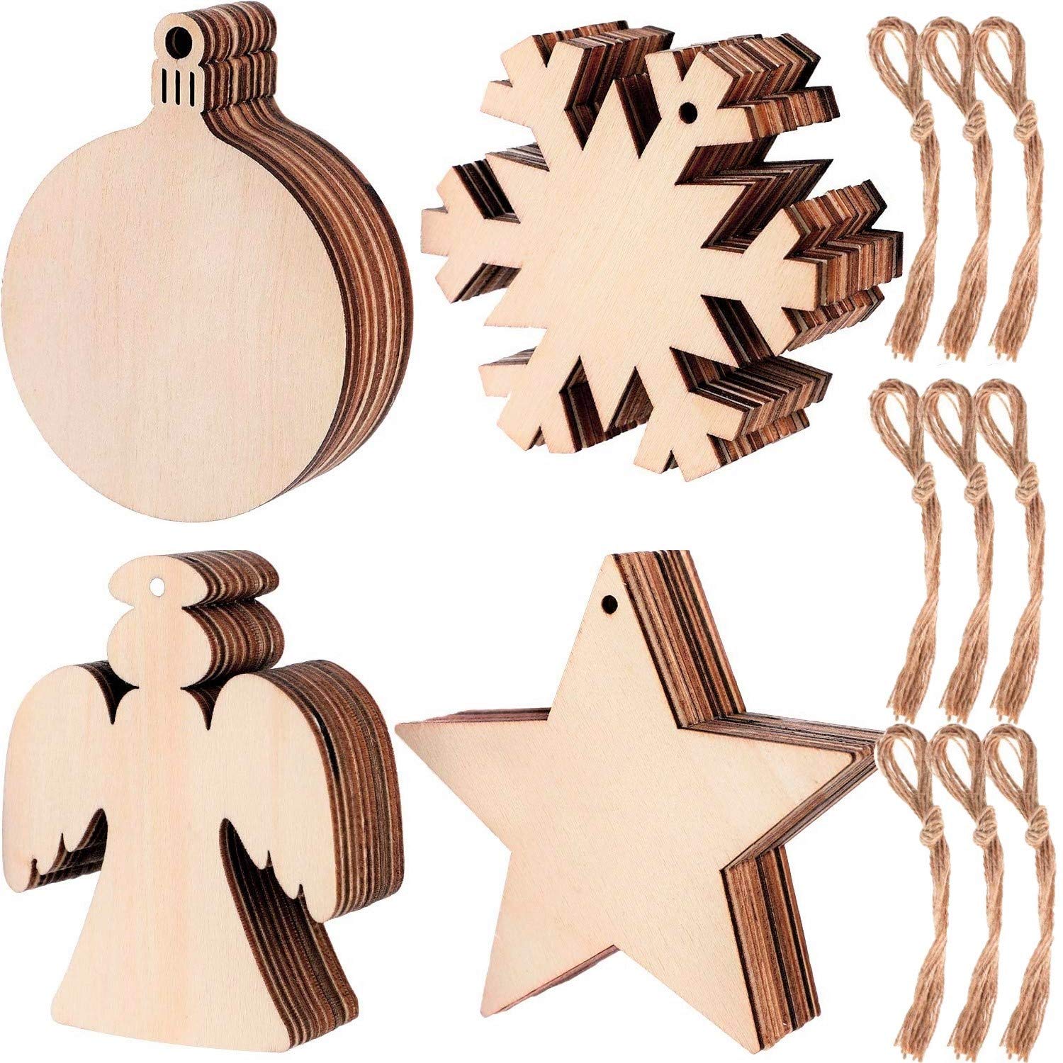 KAHEIGN 80Pcs Wooden Christmas Ornaments, Lantern Snowflake Angel Star Shape Wood Slice Ornaments for New Year Christmas Tree DIY Pendant Decoration - with 80Pcs Hanging Cords
