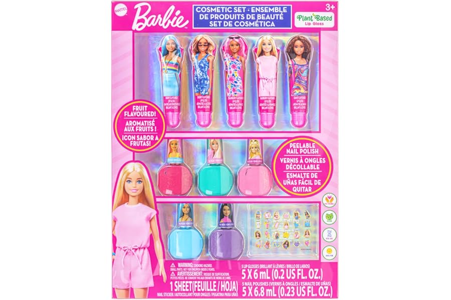 Barbie Cosmetic Makeup Set for Girls with Super Sparkly Lip Gloss Nail Polish and Nail Stickers 11 Pieces, Perfect for Parties Sleepovers Makeovers, Birthday Holiday Gift, Ages by Townley Girl