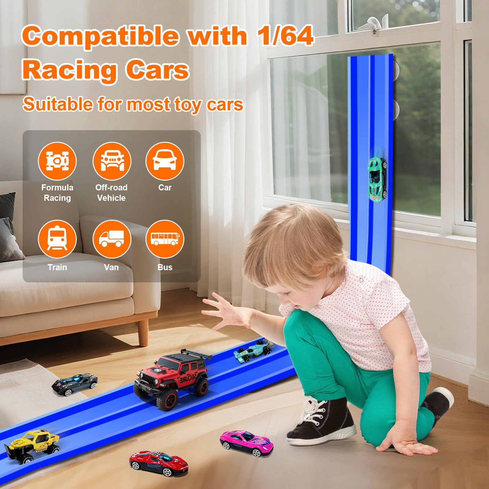 EFCRBS 15Ft Flex Track, Flexible Race Car Track for Kids Toy with 10 Suction Cups, Rolls Up Portable Racetrack Compatible with Hot Wheels & Diecast 1/64th Cars, Christmas Birthday Gifts for Boys(Blue)
