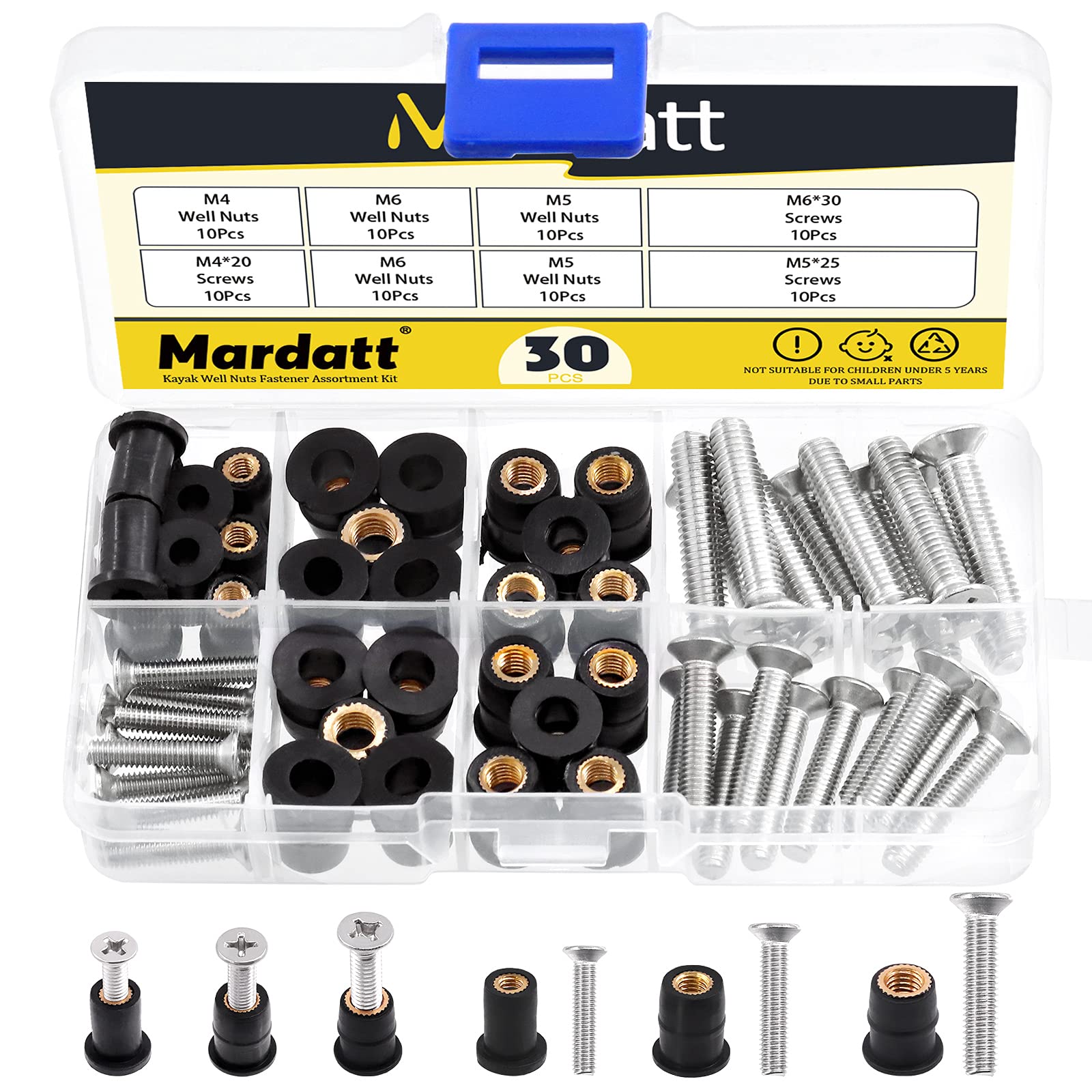 Mardatt 60Pcs M4 M5 M6 Well Nut Expansion Nuts and 304 Stainless Screw Rubber and Steel Parts Windscreen Nuts Accessories for Motorcycle Kayak Boats