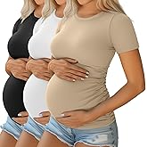 Ficerd 3 Pack Women's Maternity Shirts Cotton Short Sleeve Pregnancy Tops Side Ruched Ribbed Casual Mama tees Clothes
