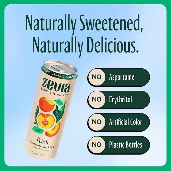 ZEVIA ZERO SUGAR TEA, BLACK TEA WITH PEACH, 12 OZ CANS (12-PACK) – NATURALLY SWEETENED, ZERO CALORIE SUGAR FREE – NON-GMO PROJECT VERIFIED, GLUTEN-FREE, VEGAN
