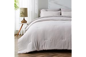 Qucover Grey King Size Comforter Set, Boho Bedding King Comforter Set, Jacquard Striped Textured, 7 Pieces Ultra Lightweight Soft Microfiber King Bedding Set for All Seasons