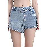 ZMTUO Women's Denim Skort High Waisted Asymmetrical Button Distressed Hem Stretch Skirt Shorts