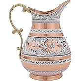 tunarts Art of Painting with Handmade Silver Decoration on Pure Copper Pitcher - Largest Copper Jug for Drinking Water and Decorative Purposes - Copper Decor for Home, Restaurant and Gifting. (White)