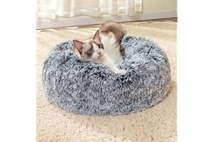 CATBOAT 23'' Calming Dog Cat Bed - Indoor Washable Donut Dog Bed with Fluffy Faux Fur Plush, Round Anti Anxiety Pets Bed, Warming Cuddler Cushion Bed for Small Medium Dogs and Cats Kittens Puppy, Grey