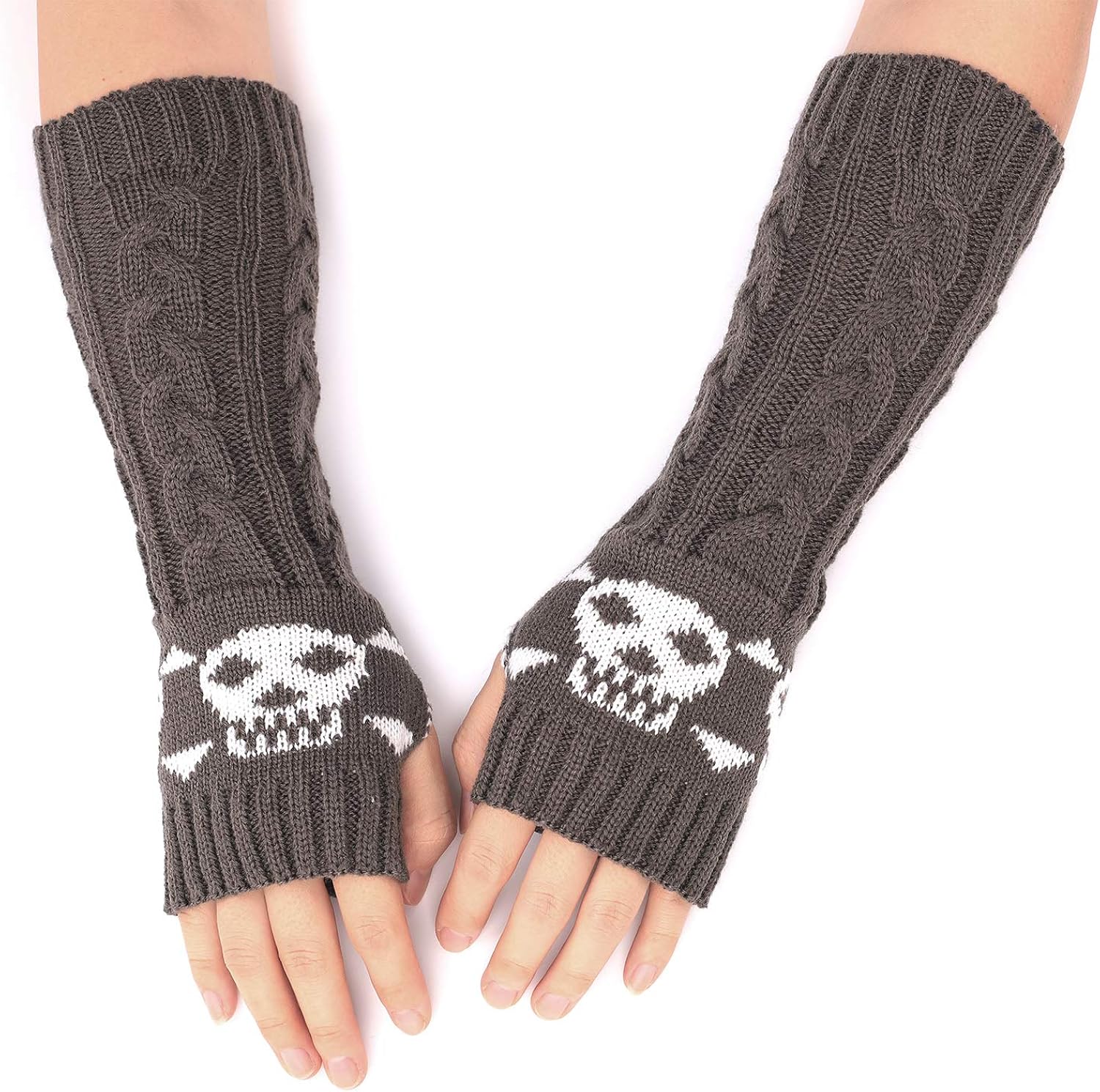Flammi Women’s Cable Knit Fingerless Gloves Arm Warmers with Crossbones Jacquard Skull Thumbhole Mittens (Dark Grey) at  Women’s Clothing store