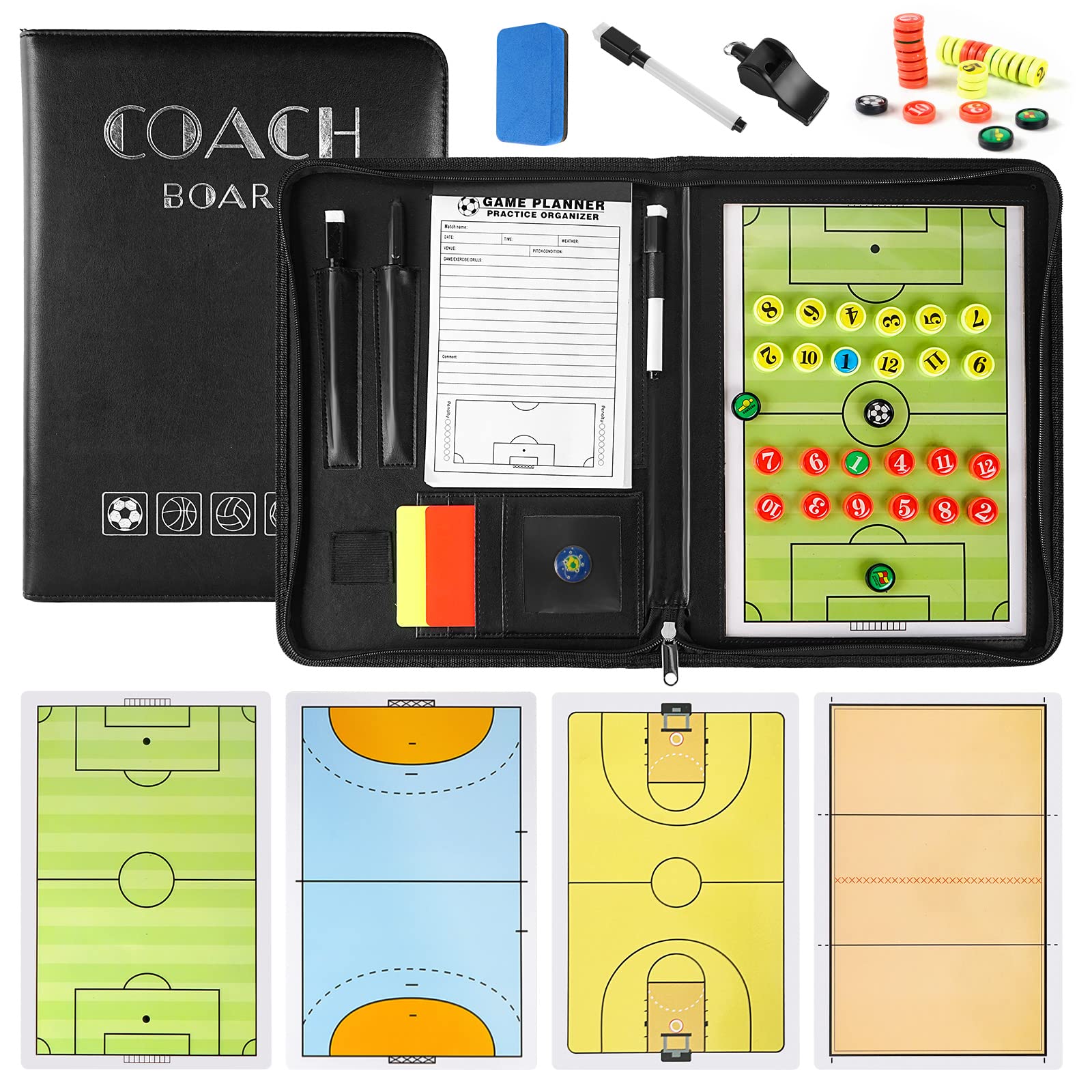 MKNZOME 20'' x13.39'' Football Coaches Tactical Board, Portable Soccer Magnetic Tactics Notebook, Coaching Clipboard with Smooth Surface -Sport Training Assistant Equipment Player Markers, Pen
