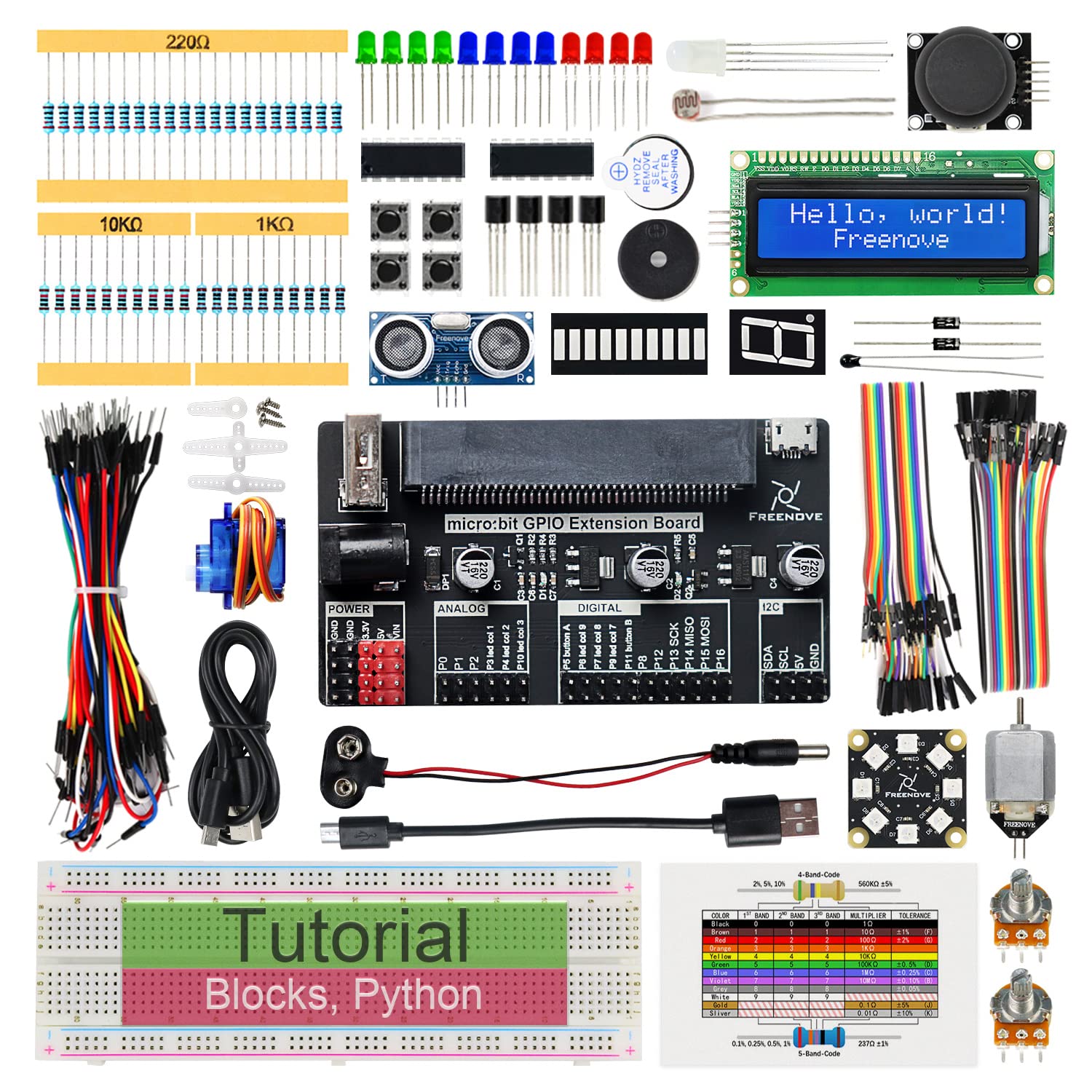 Freenove Super Starter Kit for BBC micro:bit (Not Included, Works with V1 & V2), 266-Page Detailed Tutorial, 191 Items, 38 Projects, Blocks and Python Code