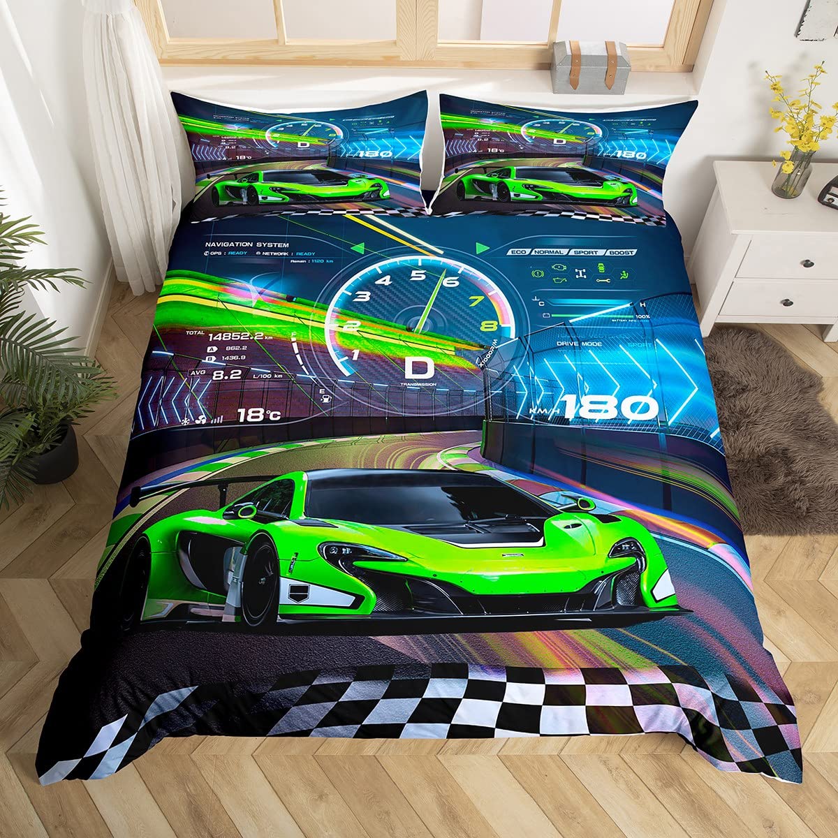 Loussiesd Fluorescent Green Race Car Duvet Cover Race Sports Car Bedding Set for Kids Boys Extreme Sports Comforter Cover Car Sports Bedspread Cover Single Size