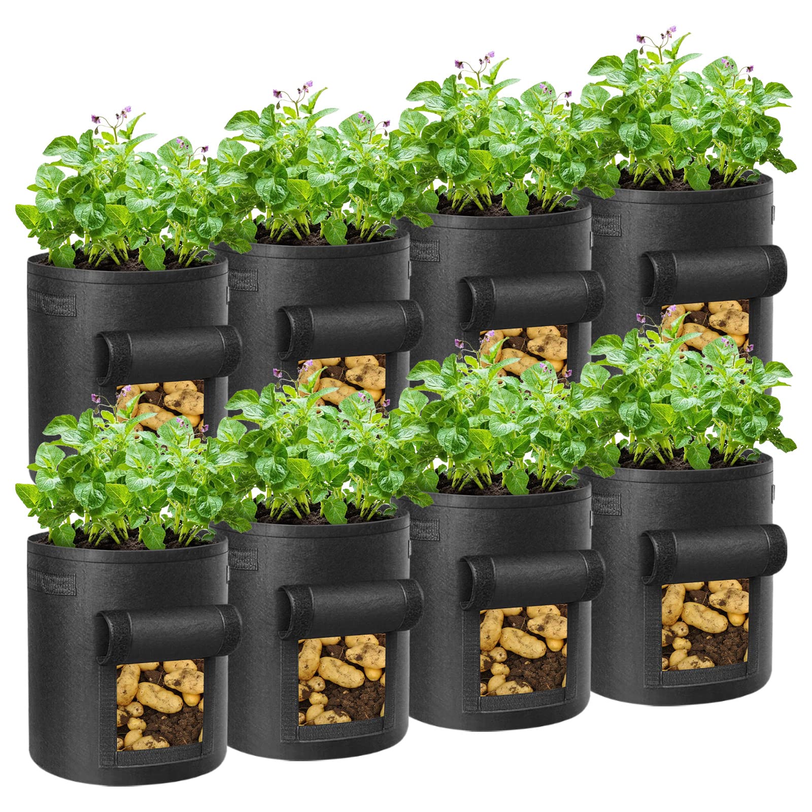 LITLANDSTAR Potato Grow Bags, 8 Pack 10 Gallon Heavy Duty Garden Grow Bags Thickened Nonwoven Fabric Pots with Window and Handles, Garden Planting Bag for Outdoor and Indoor Planting, Black