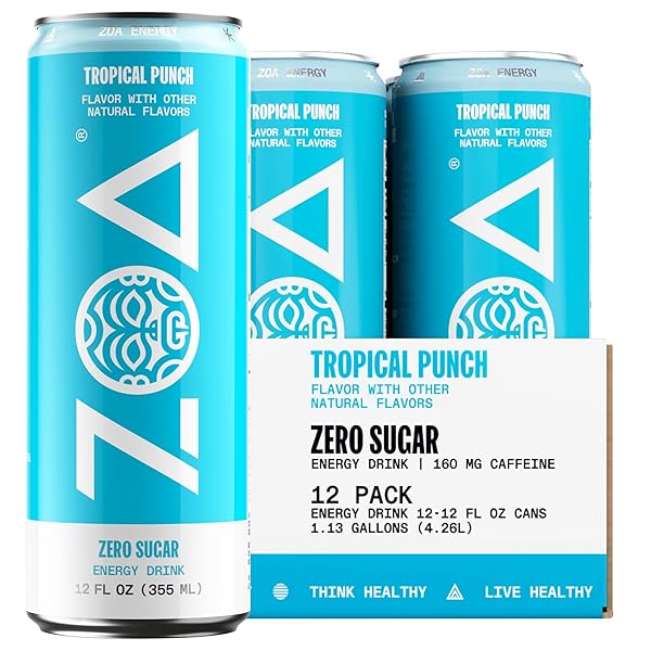 ZOA ZERO SUGAR ENERGY DRINKS, TROPICAL PUNCH – SUGAR FREE WITH ELECTROLYTES, HEALTHY VITAMIN C, AMINO ACIDS, ESSENTIAL B-VITAMINS, AND CAFFEINE FROM GREEN TEA – 12 FL OZ (12-PACK)