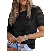 Dokotoo Women's Short Sleeve Sweater Crew Neck Crochet Knit Hollow Out Pullover Top