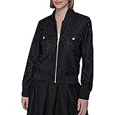 KARL LAGERFELD womens Long Sleeve Lace Scuba Bomber With Crewneck Zipper Front Jacket
