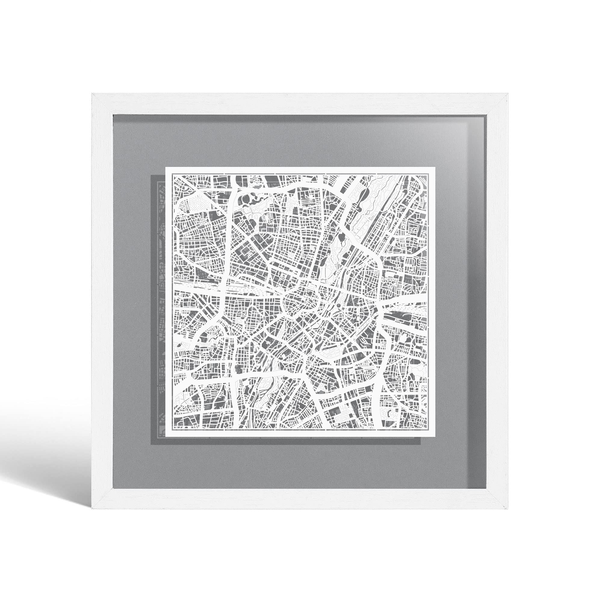 O3 DESIGN STUDIO Munich Marco de Papel para mapas, White map, White frame, 9x9 inches, Gift Boxed, 4 background color, self-changing, Paper Art