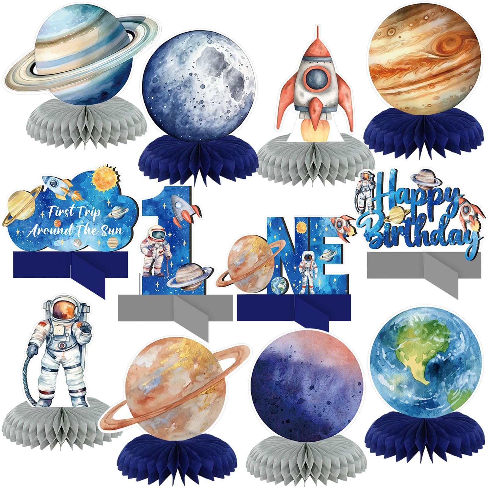 Photo 1 of 12 Pcs First Trip Around the Sun Decoration Honeycomb Centerpieces Outer Space 1st Birthday Decoration for Table Centerpieces Planets Solar System Table Topper for Photo Props Birthday Party Favors