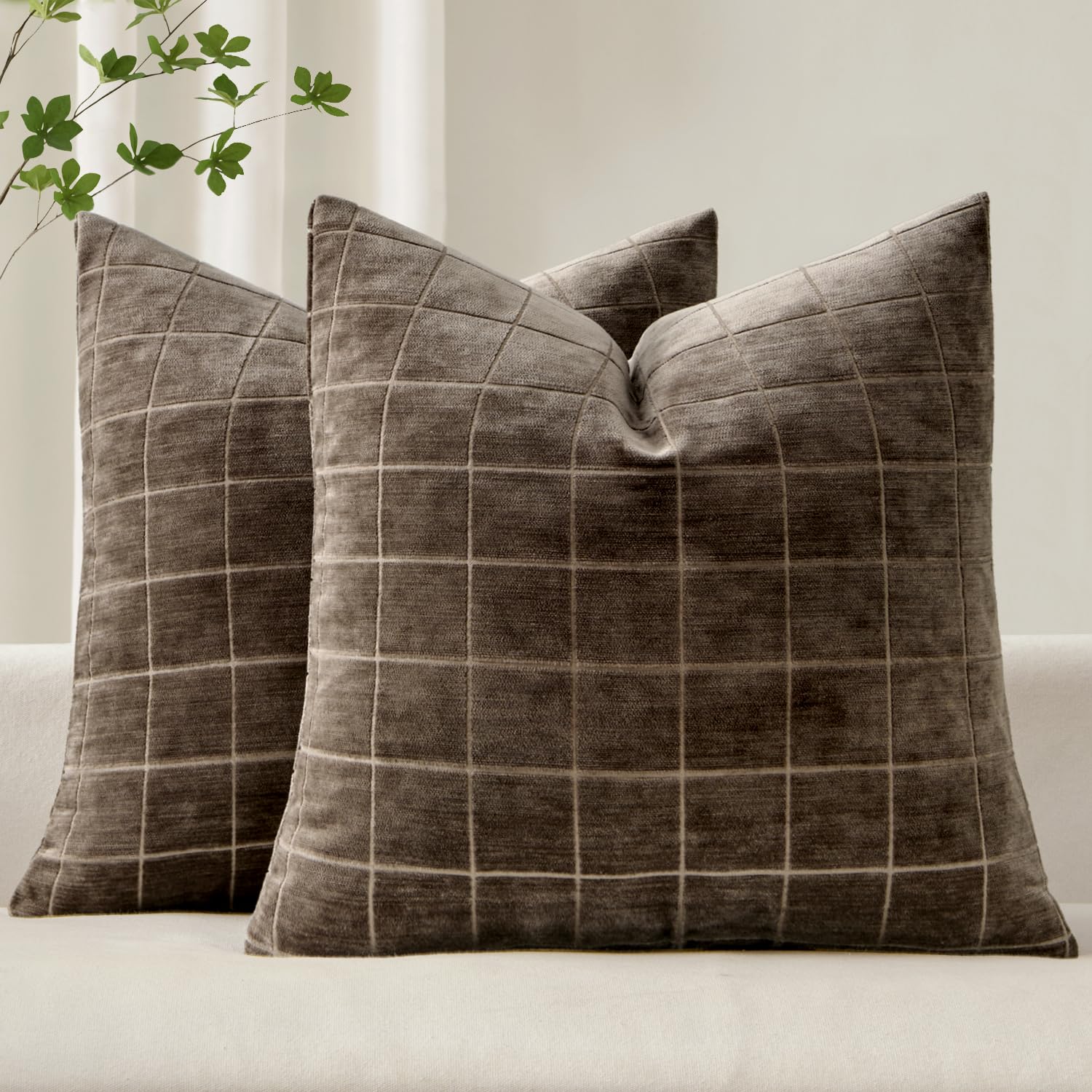 Photo 1 of MIULEE Decorative Chenille Check Throw Pillow Covers Vintage Plaid Couch Pillows 18x18 Inch Set of 2 Neutral Boho Farmhouse Cushion Covers Modern Home Decor for Sofa Bed Living Room Brown
