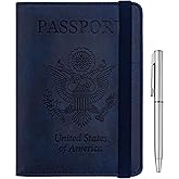 WALNEW Passport Holder for Travel, RFID Passport Cover Wallet for Women Men, PU Leather Passport Book Card Holder Case with Pen (Elastic Band Closure, A-Navy Blue)