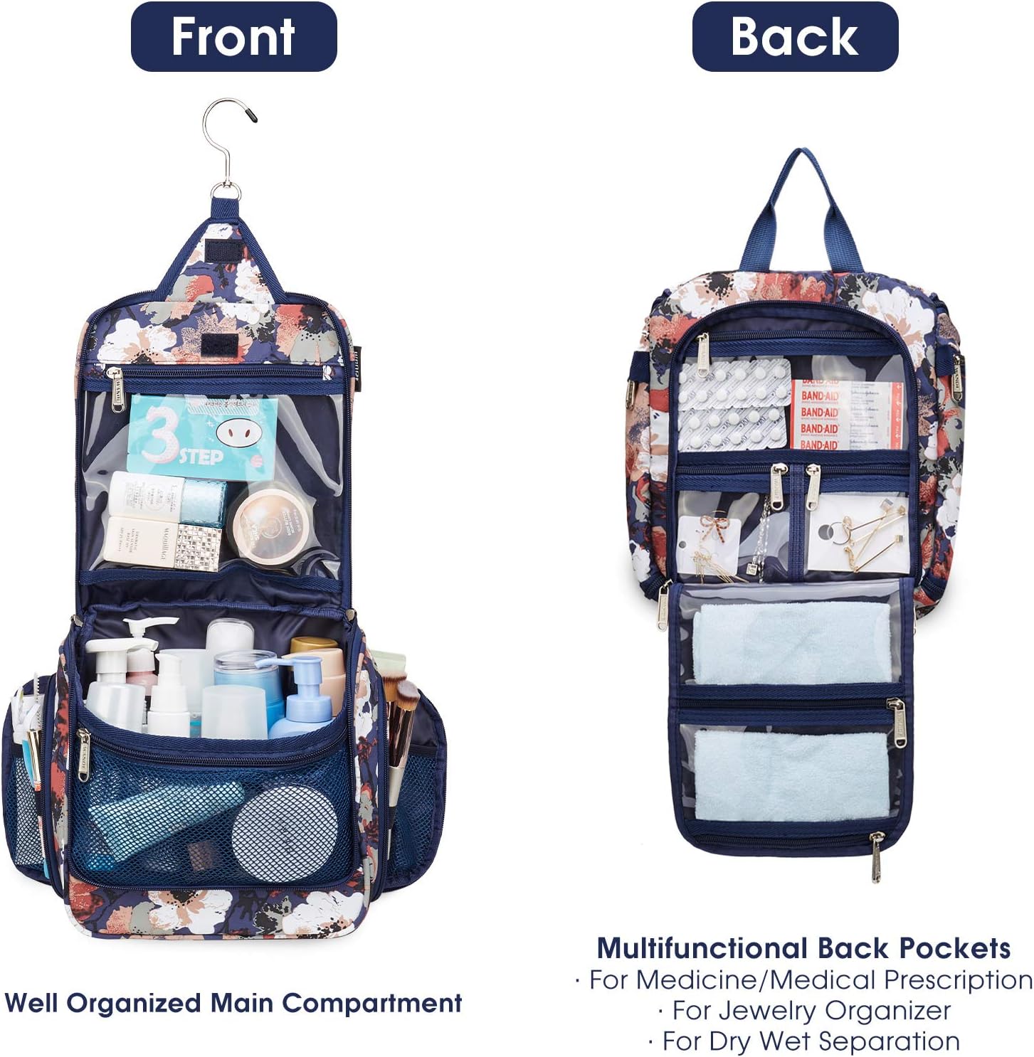 WANDF Toiletry Bag with Medicine Pocket Jewellery Bag and Clear Wet Separation Compartments Water-resistant Nylon Travel Shaving Dopp Kit Travel (Blue Flower): Clothing