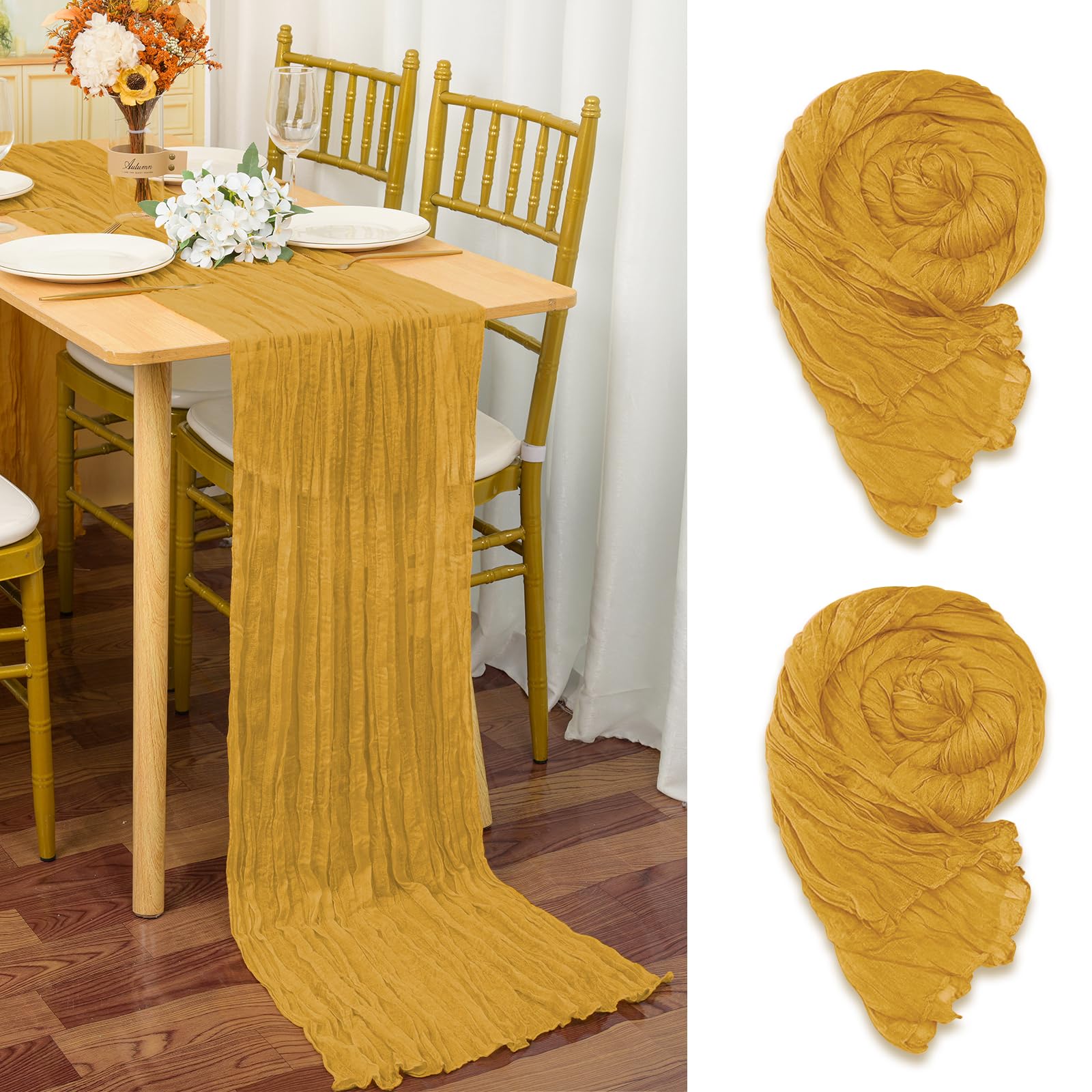 YMHPRIDE 2 Packs Cheesecloth Table Runner Mustard Yellow, 90x300cm Yellow Rustic Gauze Fabric Boho Table Runner, Cheesecloth Wedding Table Decor for Wedding Party Bridal Shower Table Decorations