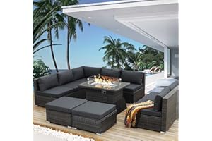NICESOUL 10 Piece Contemporary Patio Furniture Set with Firepit Table Natural Gas/Propane, 29.3'' High Backrest Outdoor Sofa Conversations, 9 Seats Deep Wide Seating Wicker Sectionals, Dark Gray