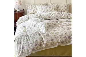 AMZTOP Botanical Duvet Cover Queen Ruffle Bedding Set 3 Pieces Garden Floral Leaves Duvet Cover Set Full Girls Cotton Comforter Cover-Purple Flower