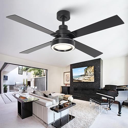 Vaczon 52 Inch Black Ceiling Fan with Light and Remote, Indoor Outdoor Modern Black Ceiling Fan, 3CCT Dimmable, Reversible Motor, Dual-Sided Blades Ceiling Fans, for Bedroom Living Room Patio
