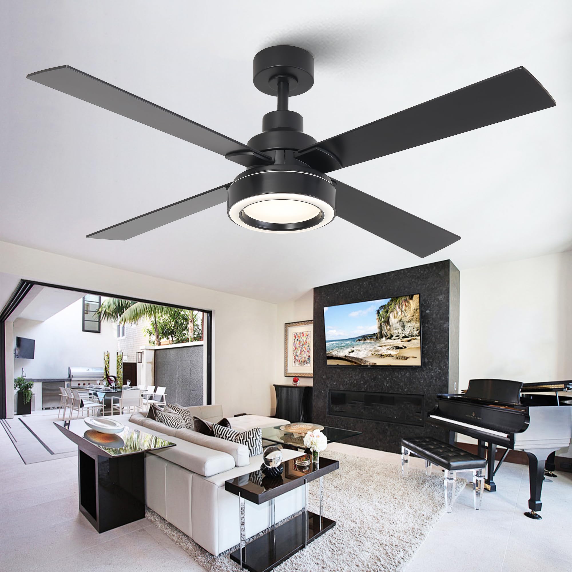 Vaczon 52 Inch Black Ceiling Fan with Light and Remote, Indoor Outdoor Modern Black Ceiling Fan, 3CCT Dimmable, Reversible Motor, Dual-Sided Blades Ceiling Fans, for Bedroom Living Room Patio