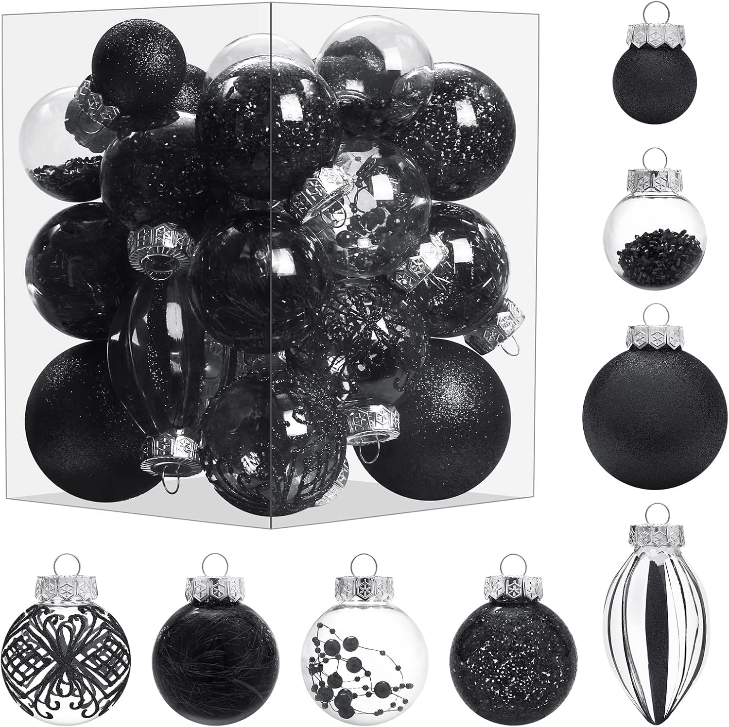 Ornaments - MoonXmas Christmas Ornaments Set, 32Pcs Clear Plastic Shatterproof Christmas Ball Hanging Ornaments for Xmas Tree Decorations, for Indoor Home Thanksgiving Party Holiday Decor - Black.