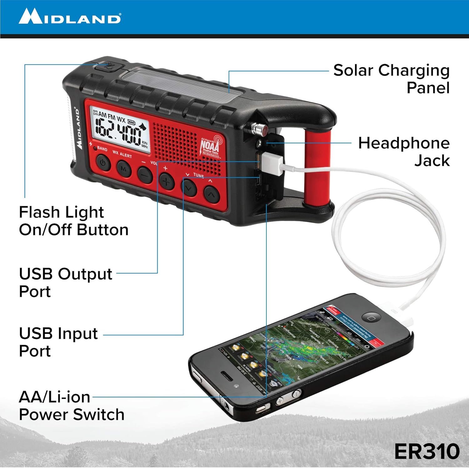 Midland - ER310, Emergency Crank Weather AM/FM Radio - Multiple Power Sources, SOS Emergency Flashlight, Ultrasonic Dog Whistle, NOAA Weather Scan + Alert (Red/Black): Home Audio & Theater