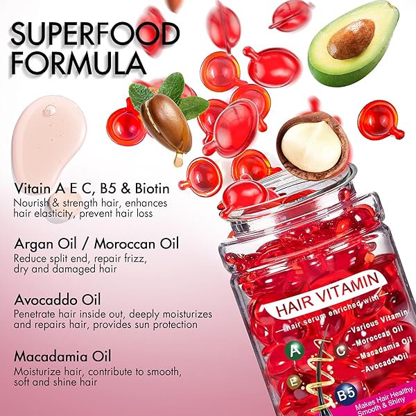 MISICH HAIR SERUM FOR FRIZZY & DRY HAIR, HAIR TREATMENT OIL FOR DAMAGED HAIR, HAIR VITAMIN OIL CAPSULES WITH ARGAN, AVOCADO, MOROCCAN OIL, ANTI FRIZZ LEAVE IN CONDITIONER WITH VITAMIN A, C, E & B5