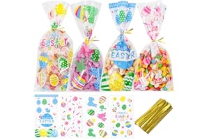 idolpack 50 Pack Easter Cellophane Treat Bags with Twist Ties for Easter Party Favor Decoration, 5x10.5 inches Cute Easter Cello Bags in 4 Patterns for Goodie Candy Cooikes Gift or Easter Eggs