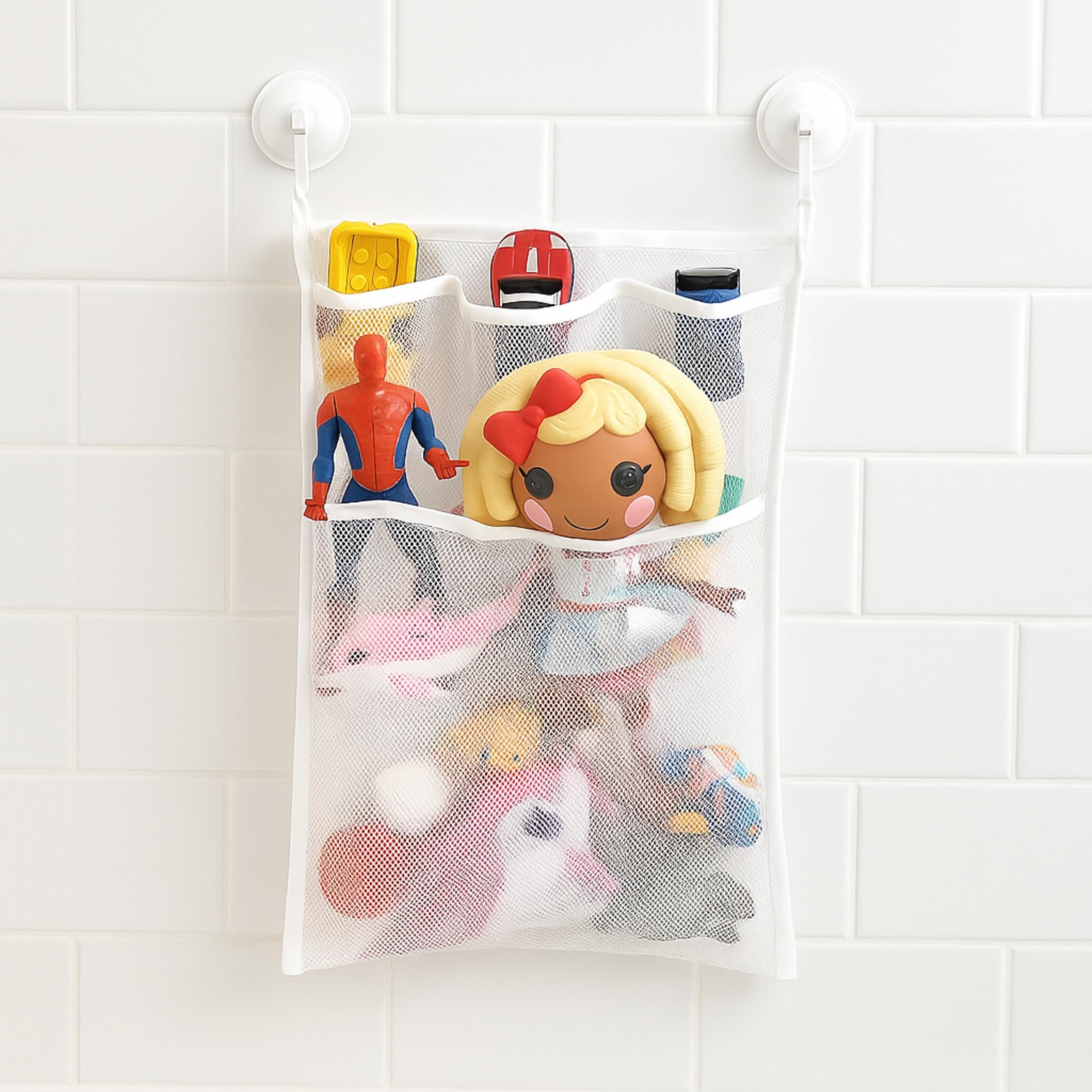 Bathroom Toy Storage, Organiser Net with 4 x Suction Cup Hooks and 2 x Adhesive Hooks, Baby Bath Toys Organiser, Accessory Bag Bathroom, Storage Hanging Net Mesh Shower Accessories, Baby Bath Bag