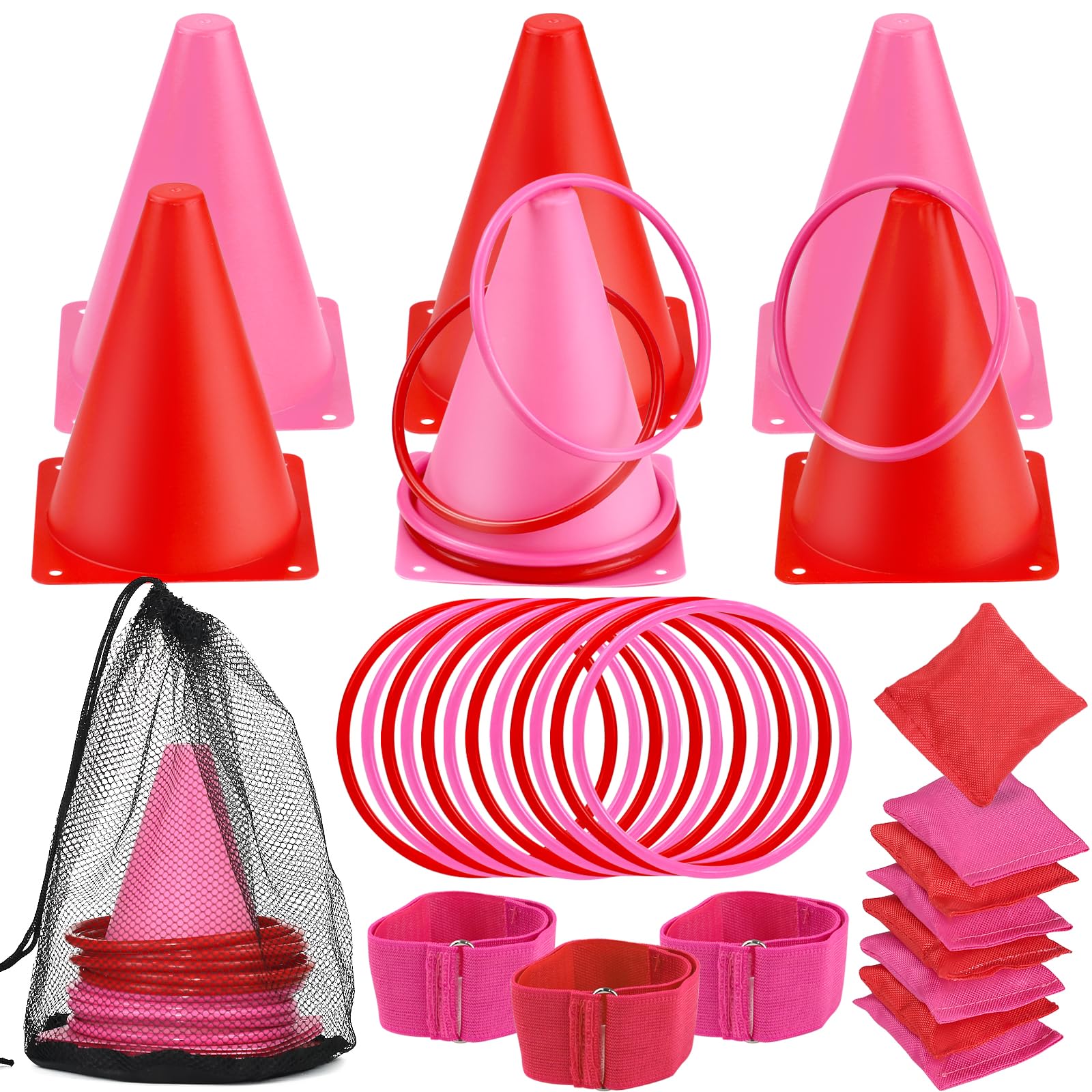 View 1 of 33pcs 4 in 1 Valentines Day Games for Kids with Ring Toss, Plastic Cones, Bean Bags, 3-Legged Race Bands, Carnival Valentine's Games Activity Combo Set for Kids Classroom Indoor Outdoor Party Yard