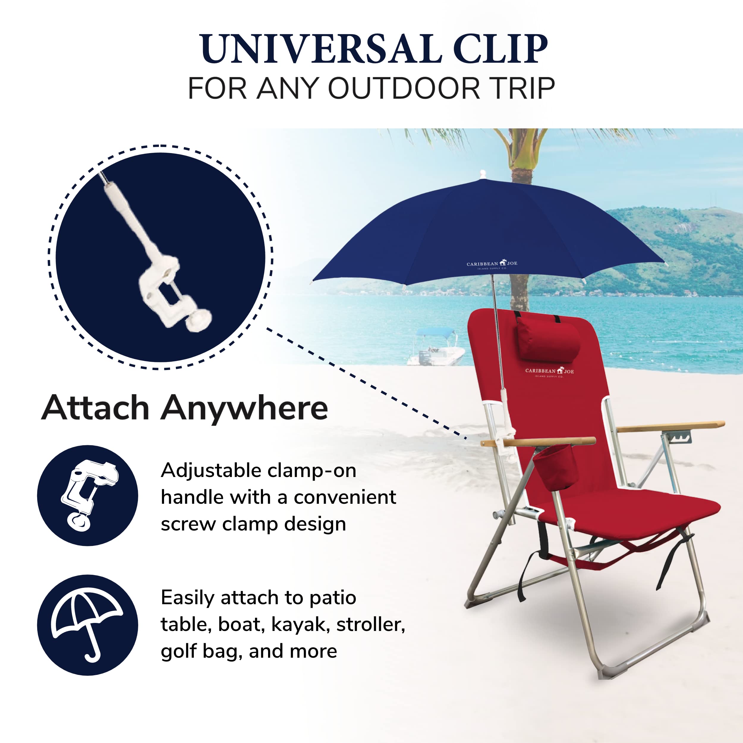 Caribbean Joe Beach Umbrella for Chair, Adjustable and Universal Clamp On Beach Umbrella with UV Protection, 48 Inch Arc