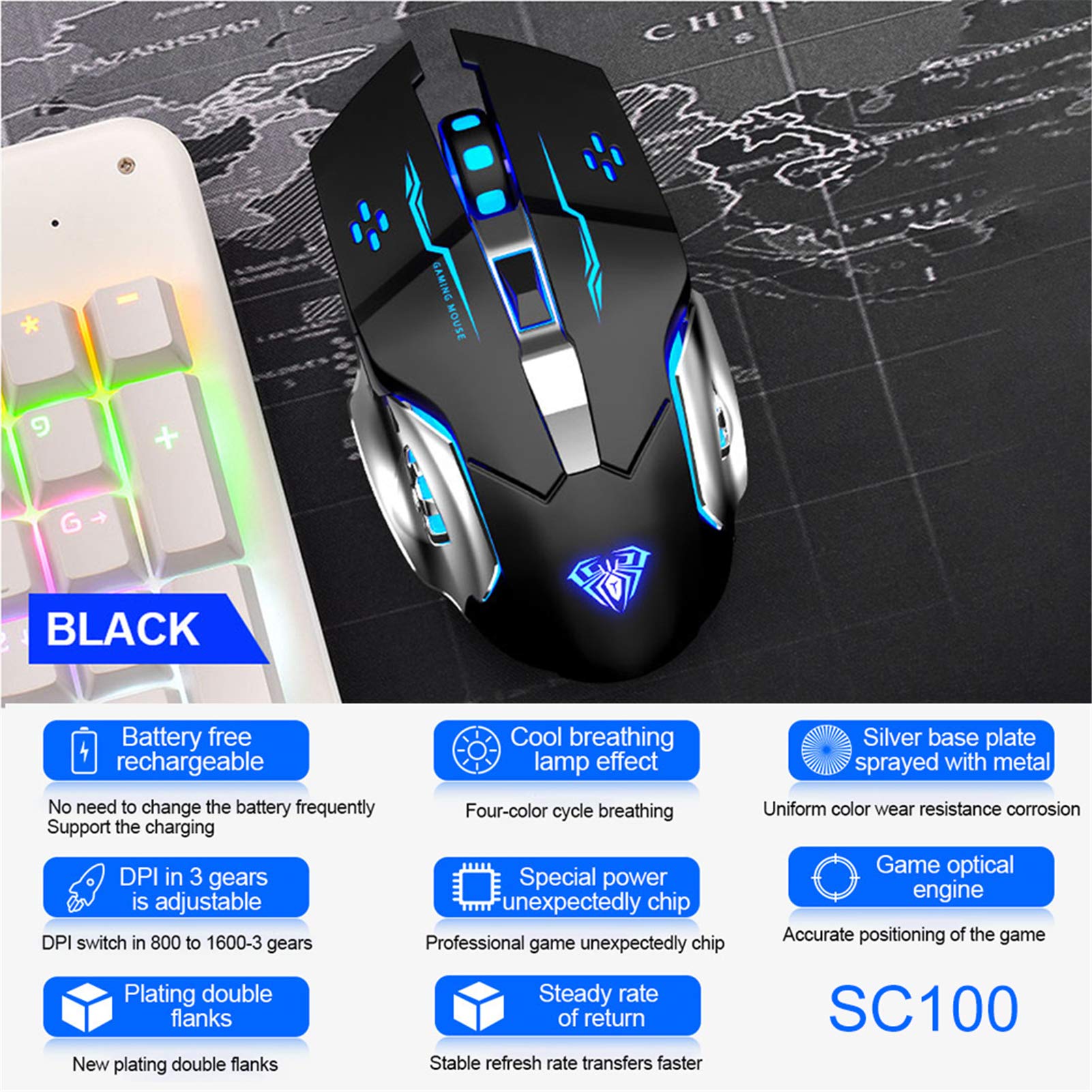 AULA SC100 Silent Wireless Gaming Mouse Rechargeable, with Side Buttons, LED Backlit, DPI Adjustable, 2.4G Wireless Optical Computer Mice Punk Cool Mouse for Games/Work (Black)