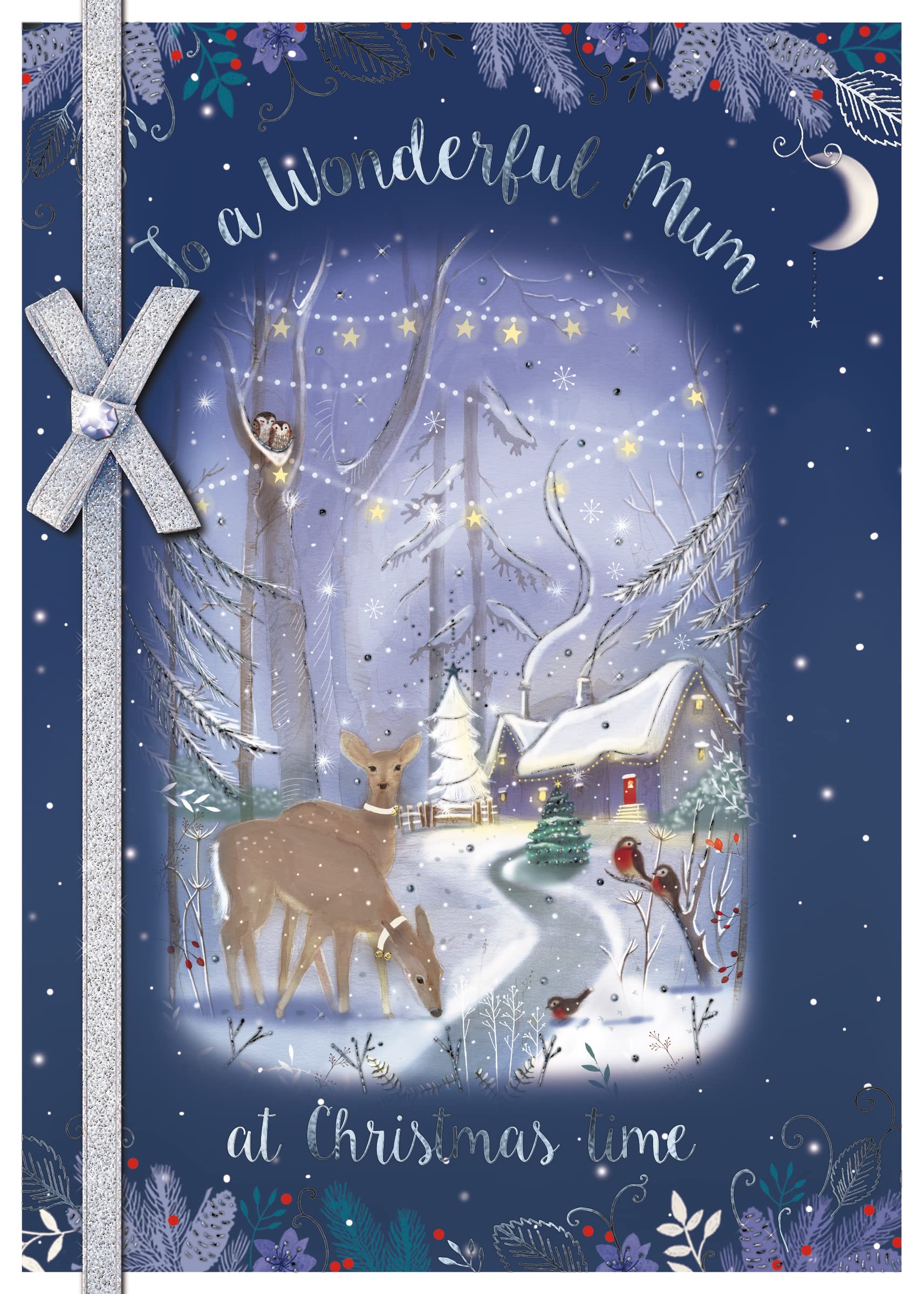 GBCC Christmas Card for Mum - Snowy Cottage with Deer and Robins - Foil Finish - Festive Christmas Greeting Card for a Wonderful Mum