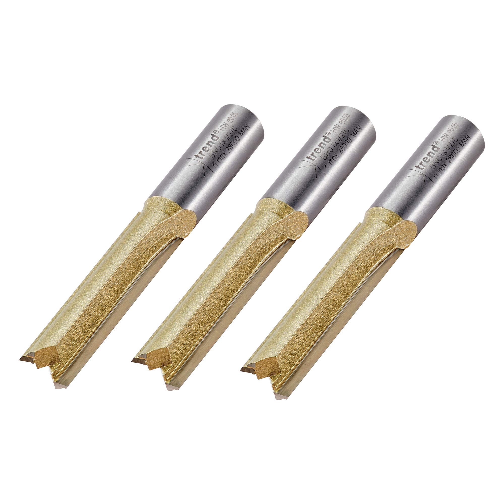 Trend Straight Two Flute Worktop Router Cutter, 1/2 Inch Shank, 12.7mm Cut Diameter & 50mm Cut Length, Tungsten Carbide Tipped, 3 Pack, BR01/3 — image 1